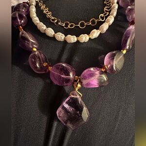 Purple chunky Amethyst, Pearl and Gold Necklace